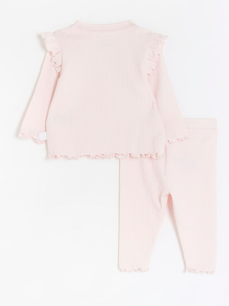 River Island Pink Baby Girls 100% Cotton Frill Rib Set - Image 2 of 5 River Island Pink Baby Girls 100% Cotton Frill Rib Set - Image 2 of 5