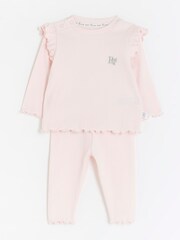 River Island Pink Baby Girls 100% Cotton Frill Rib Set - Image 3 of 5