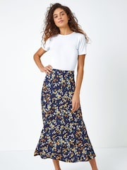 Roman Blue Ditsy Floral Print Midi Skirt - Image 2 of 4