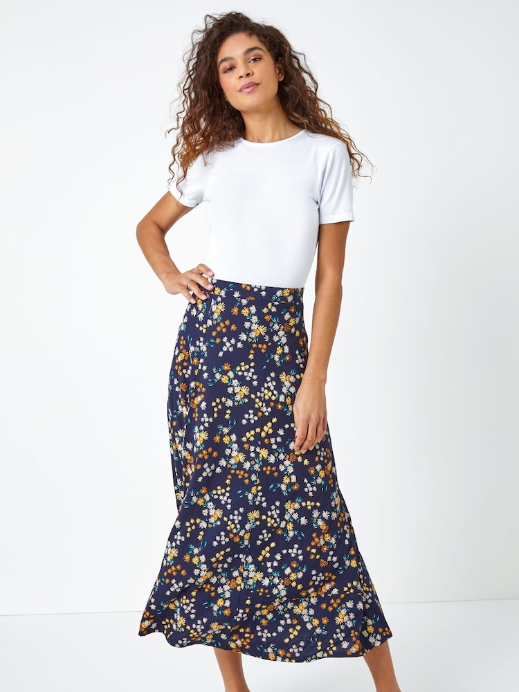 Roman Blue Ditsy Floral Print Midi Skirt - Image 2 of 4