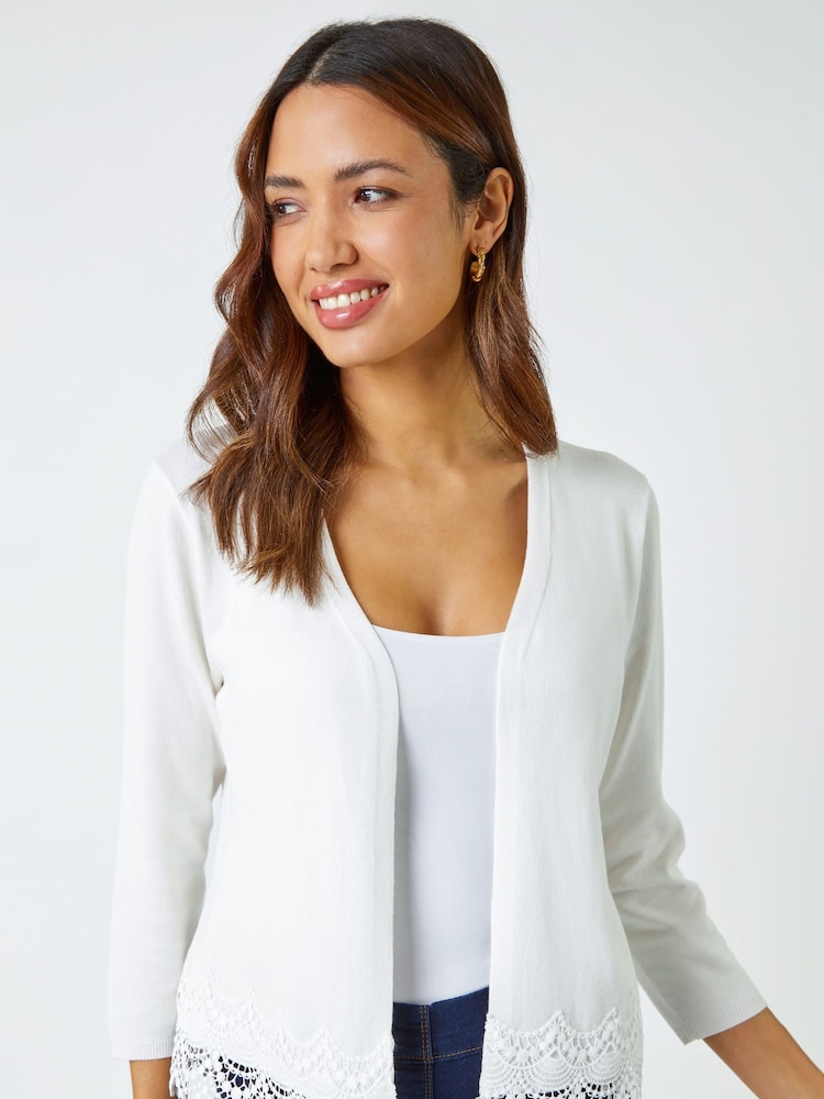 Roman White Scalloped Lace Trim Knitted Shrug - Image 1 of 5