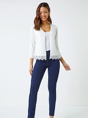 Roman White Scalloped Lace Trim Knitted Shrug - Image 2 of 5