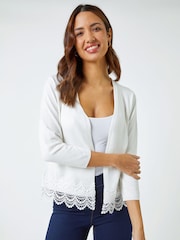 Roman White Scalloped Lace Trim Knitted Shrug - Image 4 of 5