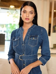 Lipsy Blue Denim Collarless 3/4 Sleeve Belted Shirt Dress - Image 2 of 4