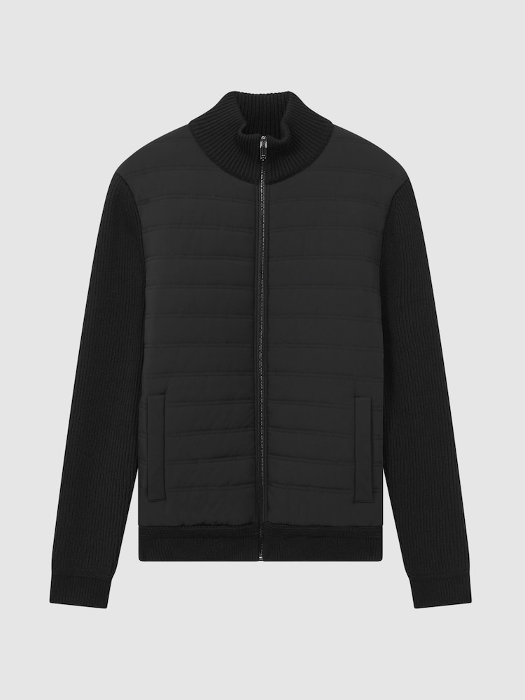 Reiss Black Southend Hybrid Quilt and Knit Zip-Through Jacket - Image 2 of 8