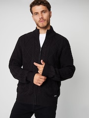 Threadbare Black Zip Through Cable Knit Cardigan - Image 1 of 4