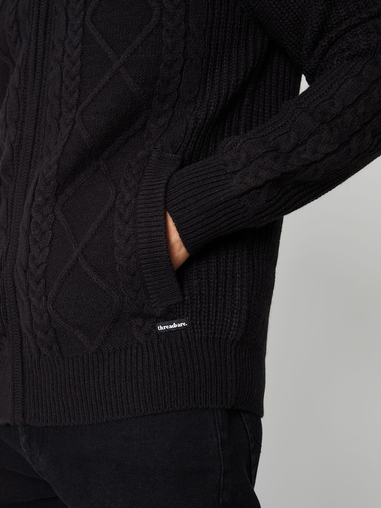 Threadbare Black Zip Through Cable Knit Cardigan - Image 4 of 4