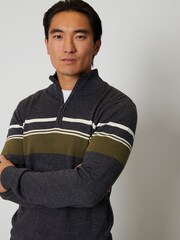 Threadbare Grey Stripe Quarter Zip Knitted 100% Cotton Jumper - Image 1 of 4