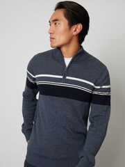 Threadbare Blue Stripe Quarter Zip Knitted 100% Cotton Jumper - Image 1 of 4