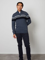 Threadbare Blue Stripe Quarter Zip Knitted 100% Cotton Jumper - Image 3 of 4