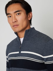 Threadbare Blue Stripe Quarter Zip Knitted 100% Cotton Jumper - Image 4 of 4