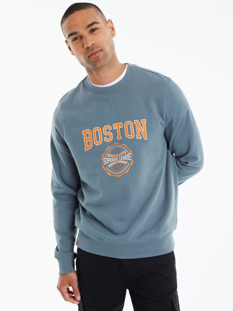 Threadbare Blue Boston Graphic Crew Neck Sweatshirt - Image 1 of 4