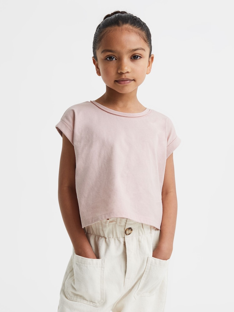 Reiss Pale Pink Terry 4-9 yrs Cotton Crew Neck Crop Top - Image 1 of 6