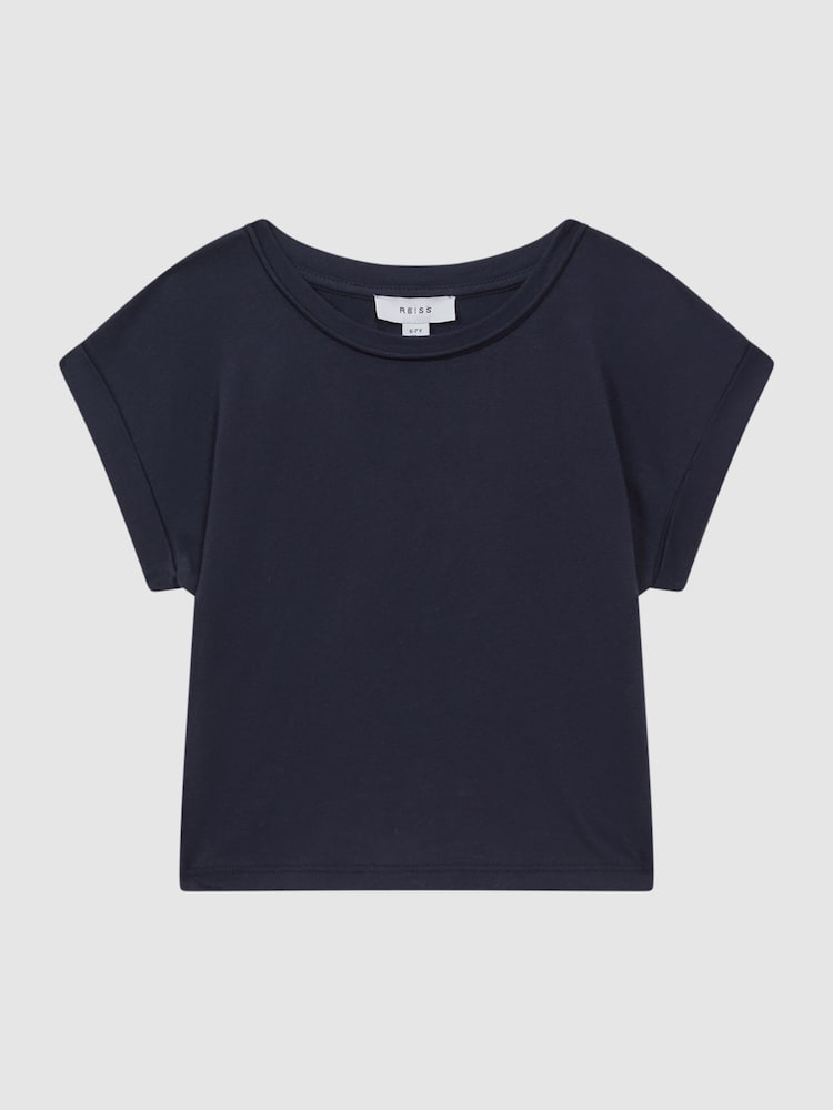 Reiss Navy Terry 4-9 yrs Cotton Crew Neck Crop Top - Image 2 of 6