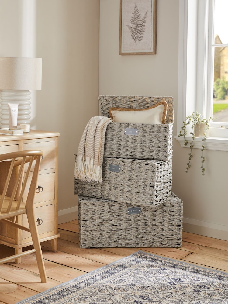 Grey Plastic Wicker Set of 3 Storage Basket - Image 1 of 6