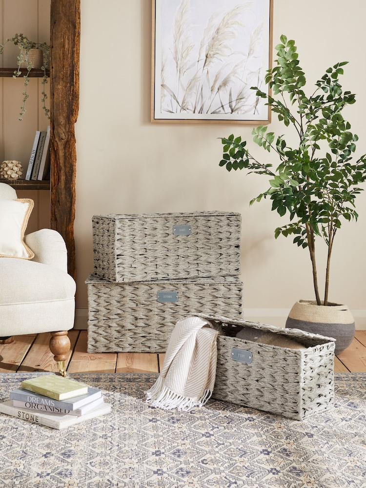 Grey Plastic Wicker Set of 3 Storage Basket - Image 2 of 6