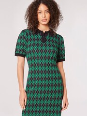 Apricot Green Collar Knitted Argyle Shift Dress - Image 1 of 4