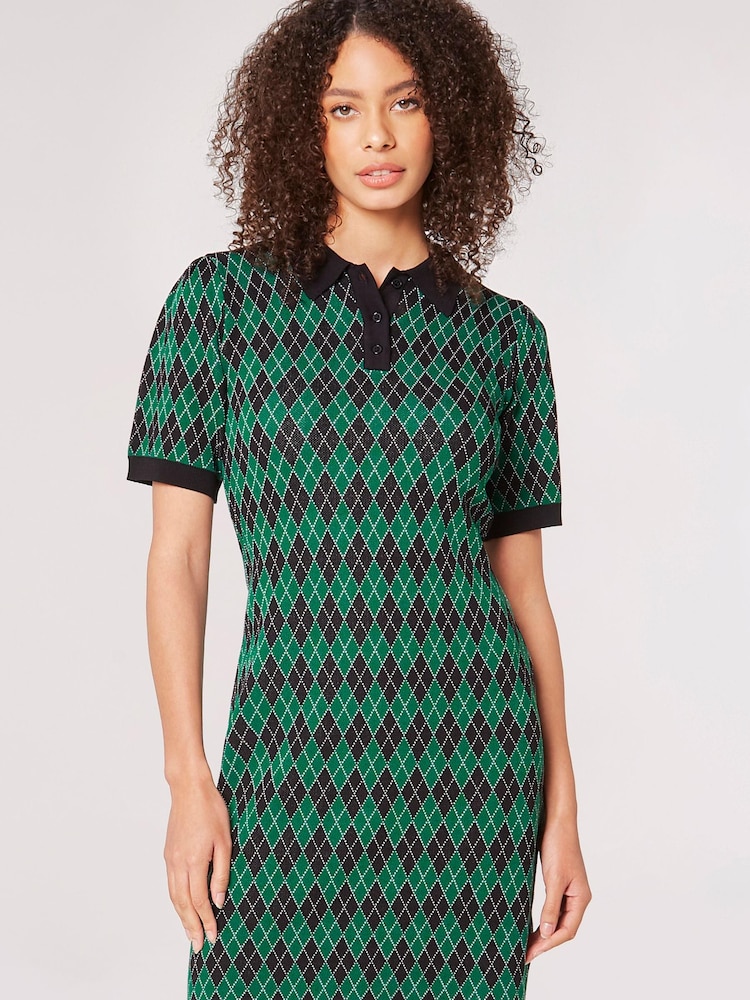 Apricot Green Collar Knitted Argyle Shift Dress - Image 1 of 4