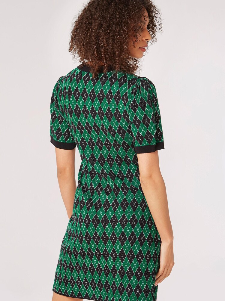 Apricot Green Collar Knitted Argyle Shift Dress - Image 2 of 4 Apricot Green Collar Knitted Argyle Shift Dress - Image 2 of 4