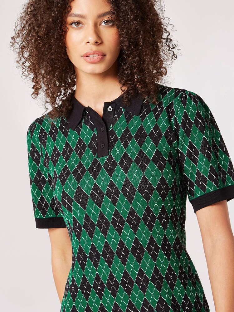 Apricot Green Collar Knitted Argyle Shift Dress - Image 4 of 4 Apricot Green Collar Knitted Argyle Shift Dress - Image 4 of 4