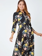 Roman Black Floral Print Tie Front Midi Shirt Dress - Image 1 of 5
