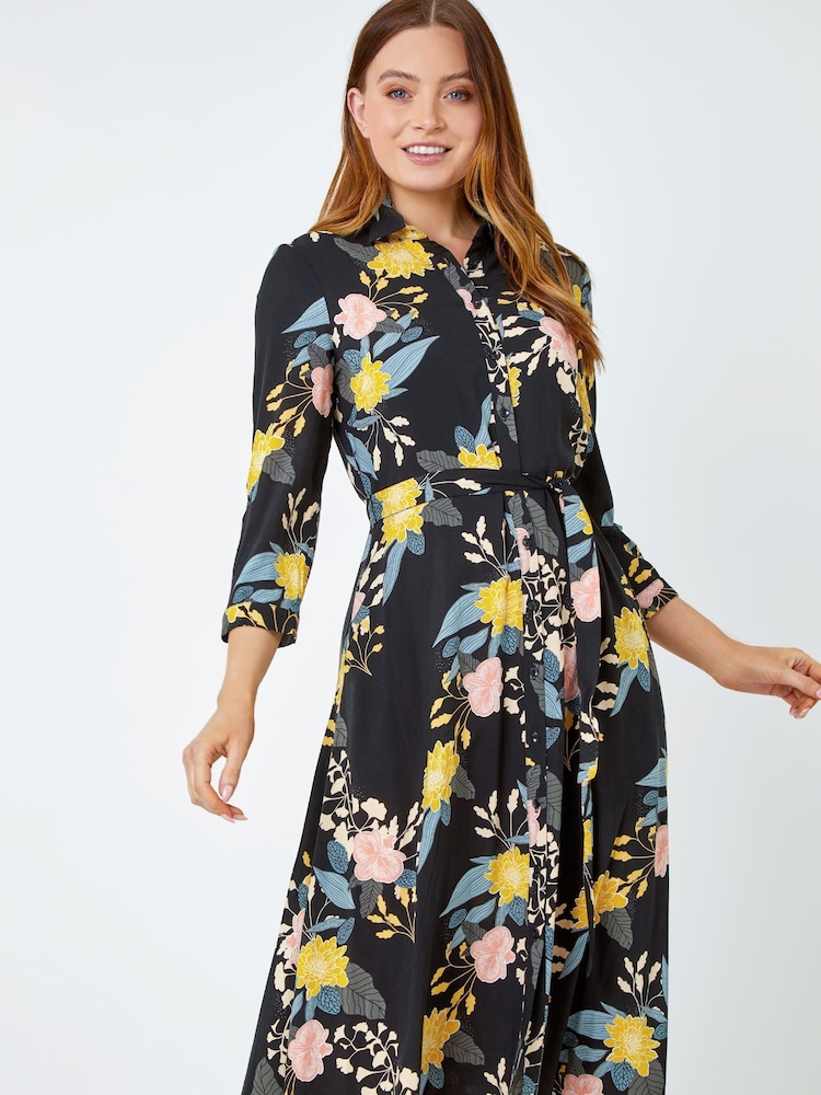 Roman Black Floral Print Tie Front Midi Shirt Dress - Image 1 of 5