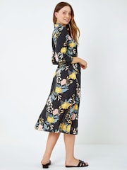 Roman Black Floral Print Tie Front Midi Shirt Dress - Image 2 of 5