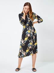 Roman Black Floral Print Tie Front Midi Shirt Dress - Image 3 of 5