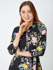 Roman Black Floral Print Tie Front Midi Shirt Dress - Image 4 of 5