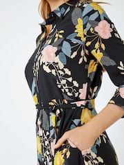 Roman Black Floral Print Tie Front Midi Shirt Dress - Image 5 of 5