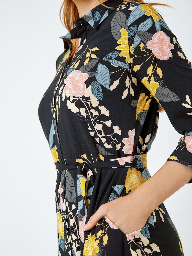 Roman Black Floral Print Tie Front Midi Shirt Dress - Image 5 of 5
