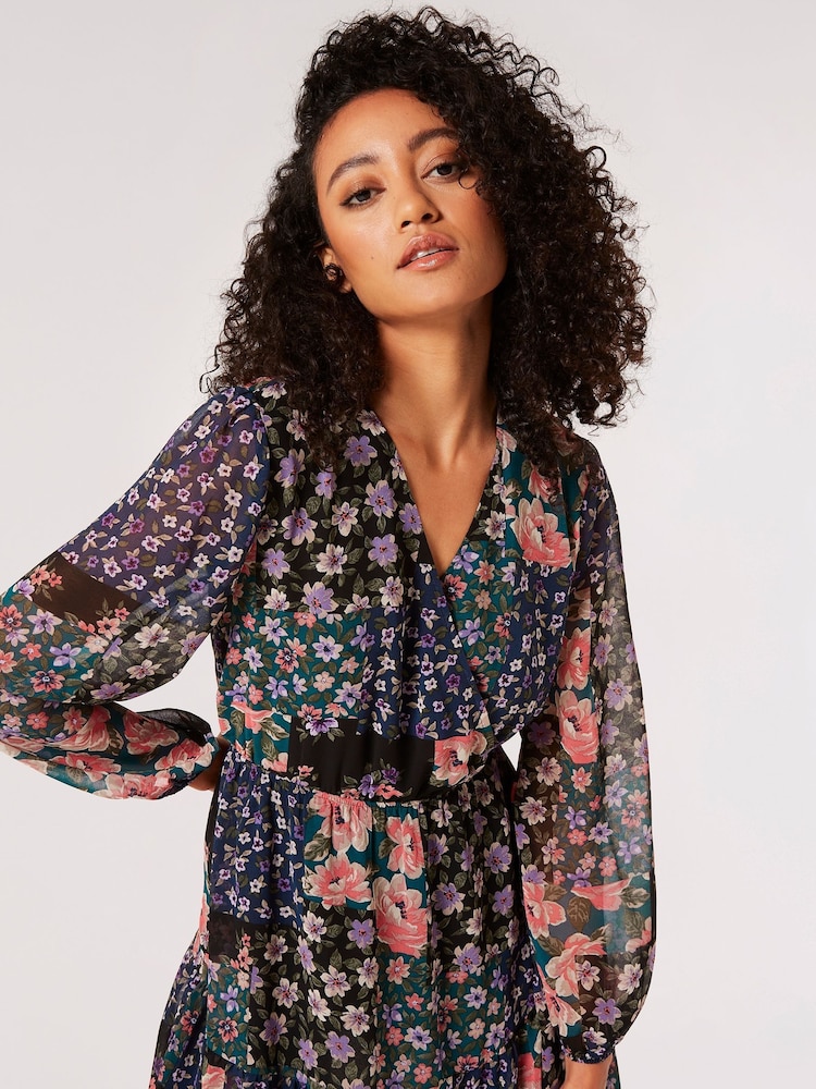 Apricot Green Floral Patchwork Chiffon Dress - Image 4 of 4 Apricot Green Floral Patchwork Chiffon Dress - Image 4 of 4