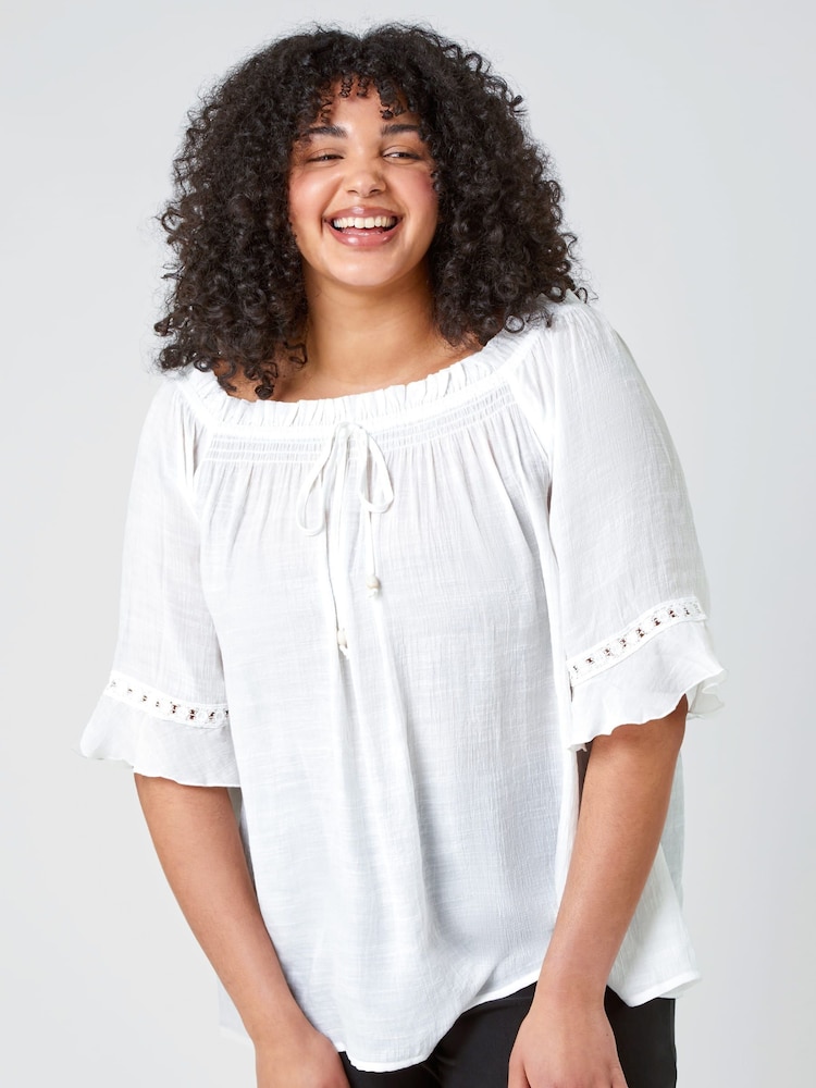 Roman White Curve Lace Trim Bardot Top - Image 1 of 5