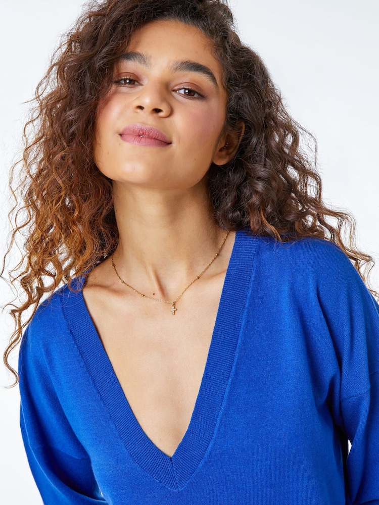 Albastru închis - Pulover Roman cu decolteu în V și mânecă lungă - Imaginea 7 din 7 Albastru închis - Pulover Roman cu decolteu în V și mânecă lungă - Imaginea 7 din 7