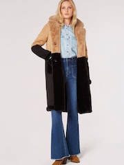 Apricot Brown Two Tone Reversible Suede Faux Fur Coat - Image 3 of 5