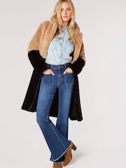 Apricot Brown Two Tone Reversible Suede Faux Fur Coat - Image 4 of 5
