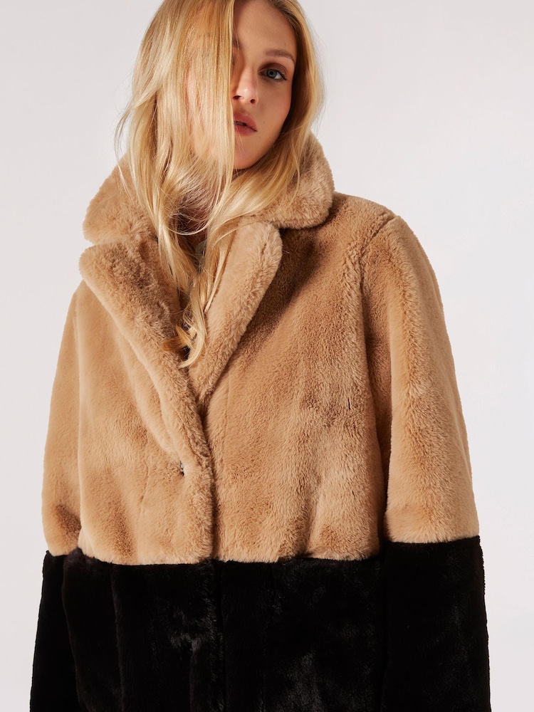 Apricot Brown Two Tone Reversible Suede Faux Fur Coat - Image 5 of 5