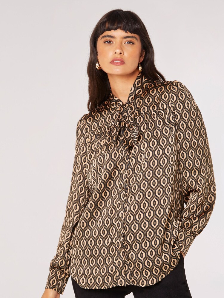 Apricot Brown Geo Print Pussy Bow Blouse - Image 1 of 4 Apricot Brown Geo Print Pussy Bow Blouse - Image 1 of 4