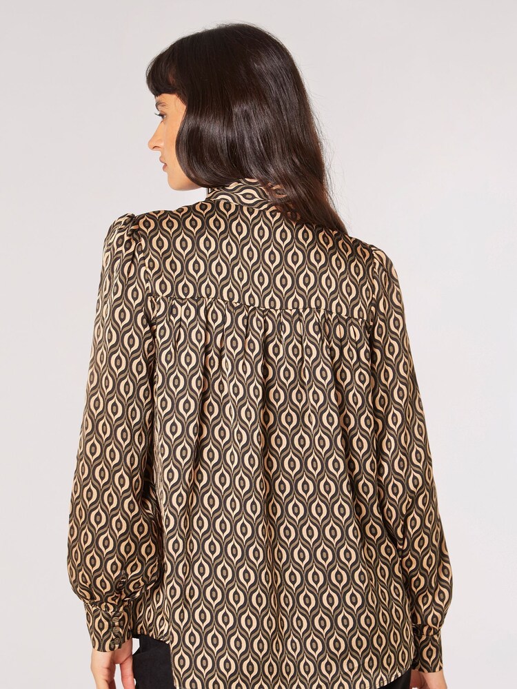 Apricot Brown Geo Print Pussy Bow Blouse - Image 2 of 4 Apricot Brown Geo Print Pussy Bow Blouse - Image 2 of 4