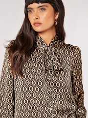 Apricot Brown Geo Print Pussy Bow Blouse - Image 4 of 4