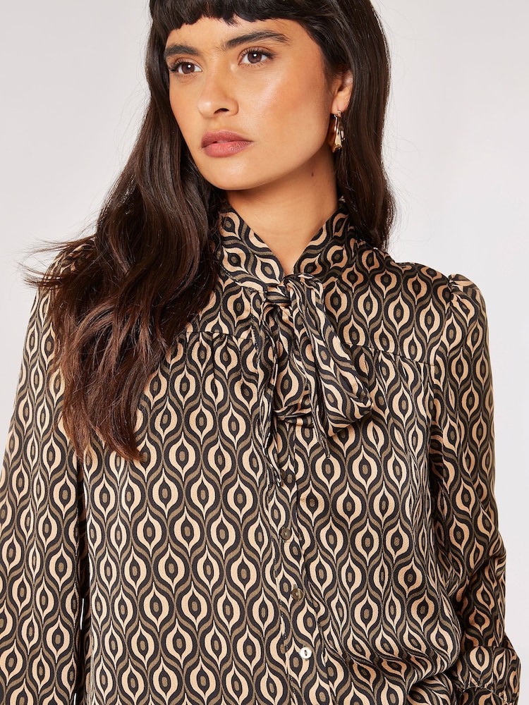Apricot Brown Geo Print Pussy Bow Blouse - Image 4 of 4