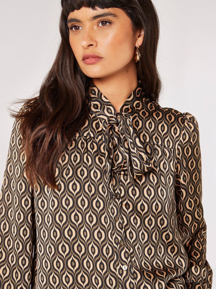 Apricot Brown Geo Print Pussy Bow Blouse - Image 4 of 4 Apricot Brown Geo Print Pussy Bow Blouse - Image 4 of 4