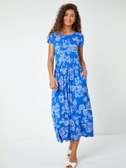 Roman Blue Sky Floral Print Midi Stretch Dress - Image 1 of 5
