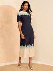 Love & Roses Blue Lightweight Compact Knit Stitch Detail Midi Dress - Image 1 of 4