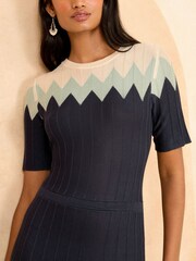 Love & Roses Blue Lightweight Compact Knit Stitch Detail Midi Dress - Image 2 of 4
