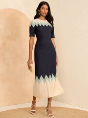 Love & Roses Blue Lightweight Compact Knit Stitch Detail Midi Dress - Image 4 of 4