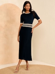 Love & Roses Navy Blue Lightweight Compact Knit Stitch Scallop Midi Dress - Image 1 of 4