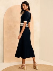 Love & Roses Navy Blue Lightweight Compact Knit Stitch Scallop Midi Dress - Image 3 of 4