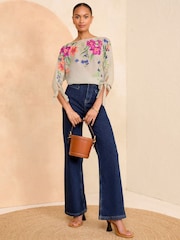 Love & Roses Grey Batwing Woven Mix Jumper - Image 4 of 4
