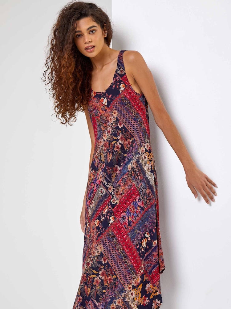 Roman Black Patchwork Print Curved Hem Dress - Image 1 of 5